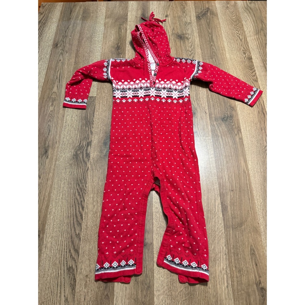 Hanna Andersson Jumpsuit Kids Unisex 3T Red One Piece Hooded Fair Isle Sweater